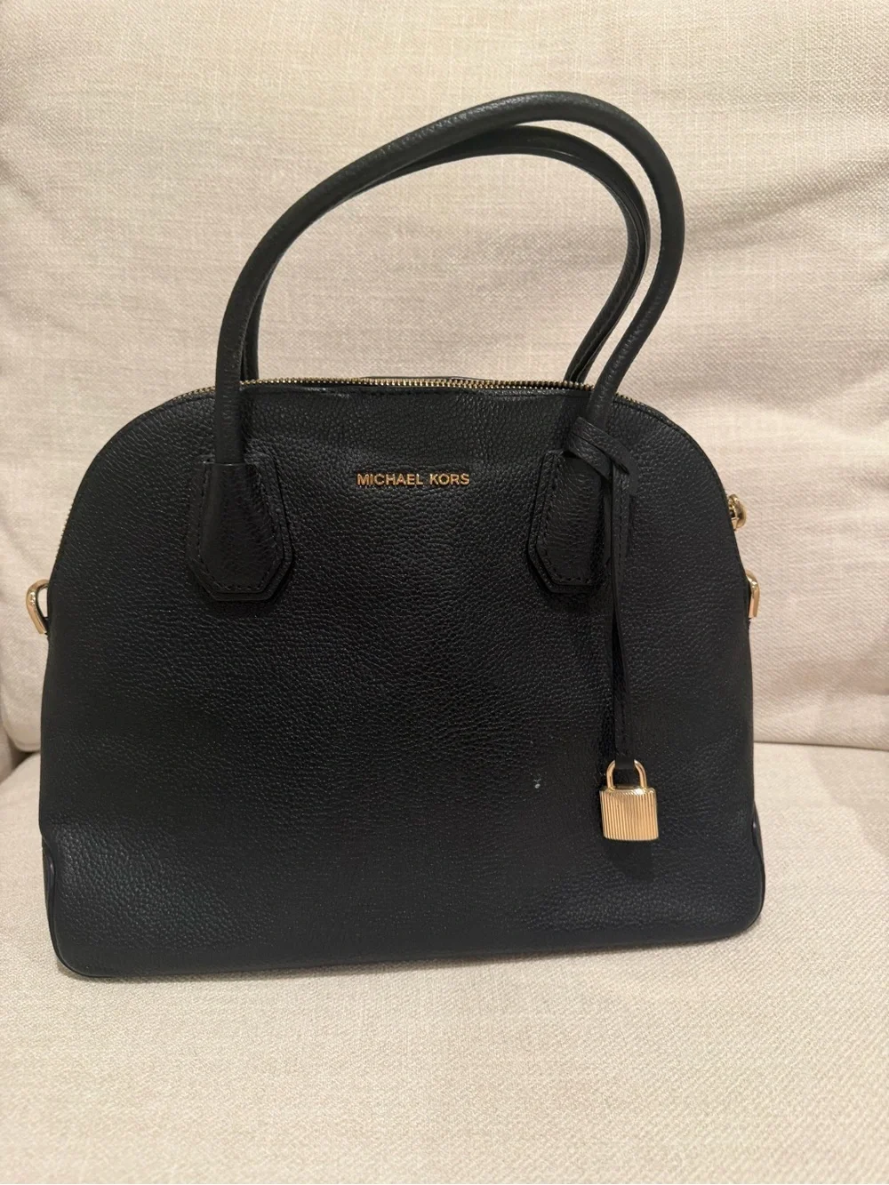 Michael Kors Black Leather Dome Satchel with Gold Hardware